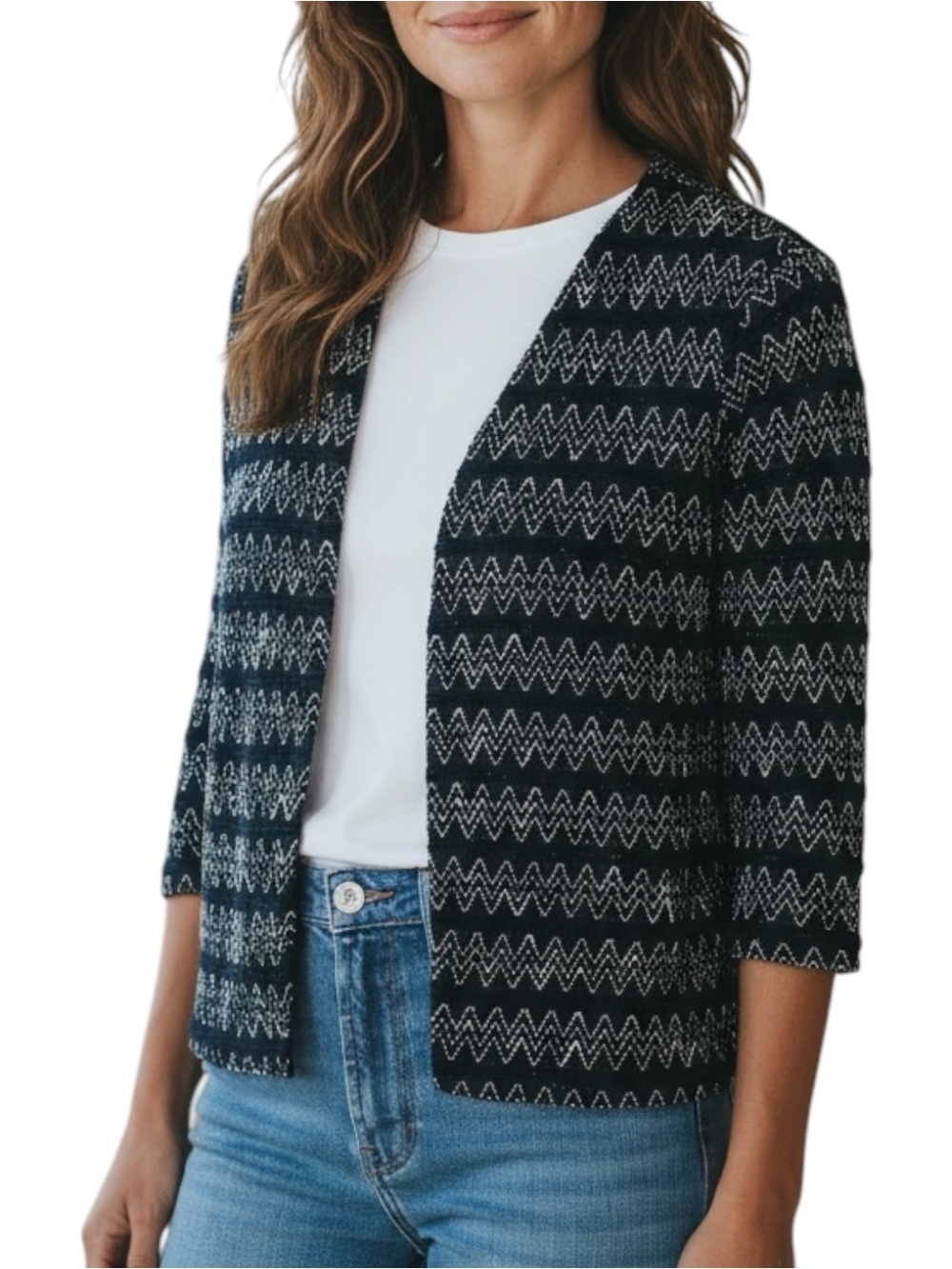 Chico’s 1 Sz MEDIUM Navy Boucle Metallic Silver Chevron Open Cardigan Jacket